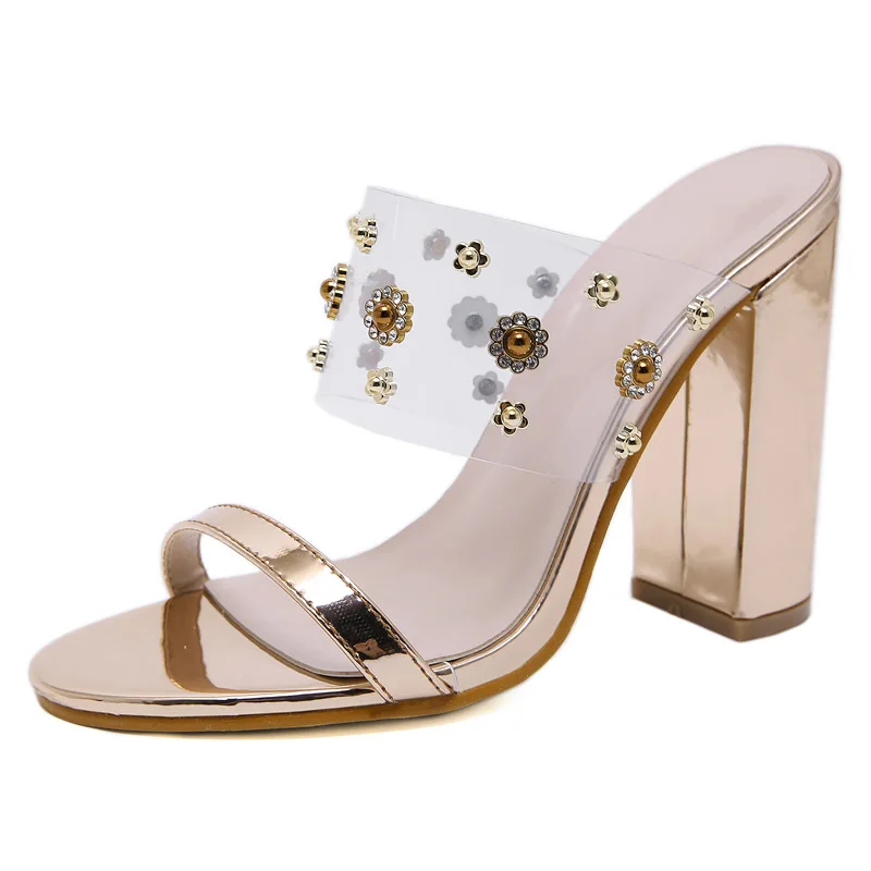 

2020 new transparent thick heel fish mouth fashion rhinestone catwalk sandals and slippers