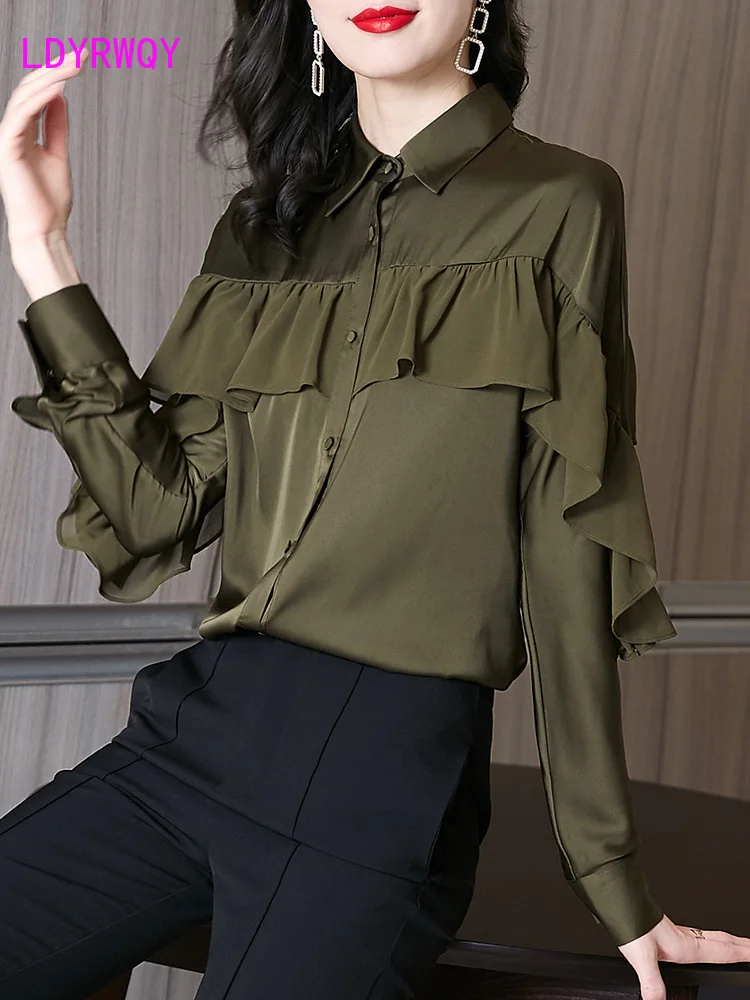 

LDYRWQY Spring 2021 new vintage Hong Kong design shirt acetic acid satin top woman Office Lady Nine Quarter