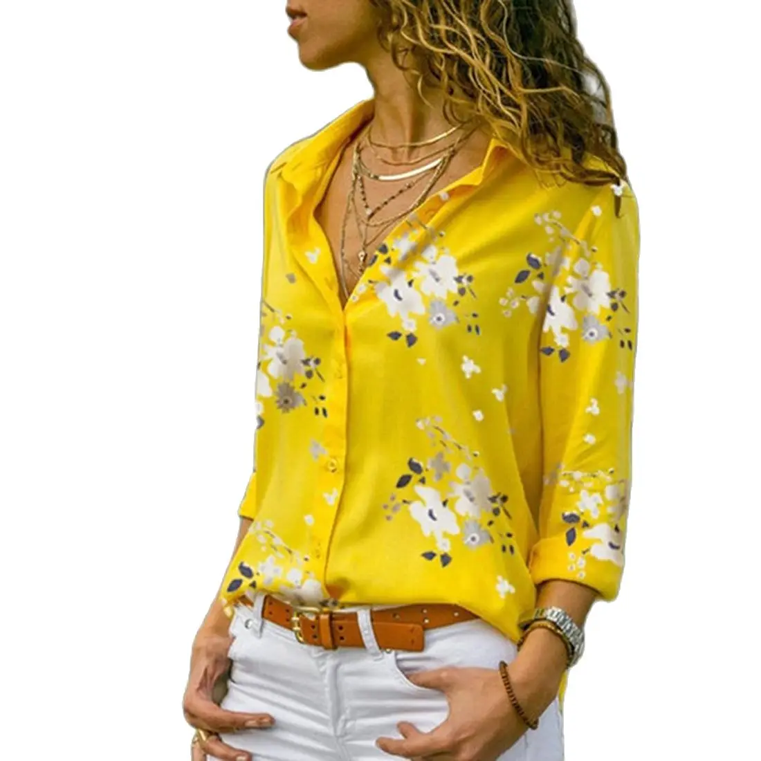 

New Fashion Women Flower Printed Long Sleeve Casual Turn Down Collar Chiffon Blouse Summer Loose Women's Clothing Plus Size Top