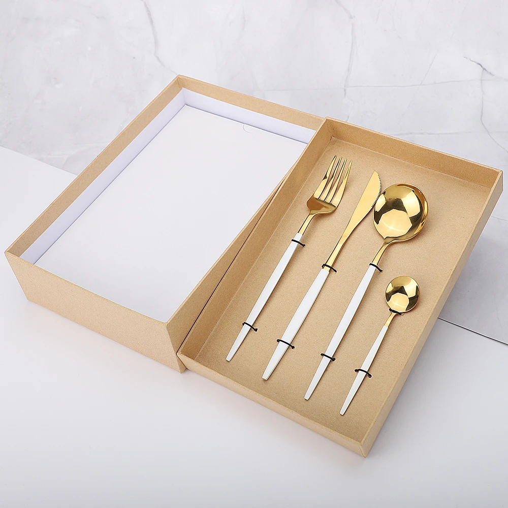 

Gold and White Handle16 Piece Dinnerware Sets Knife Fork Spoon Shiny Cutlery Set Gift Box Stainless Steel Tableware Set Flatware