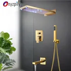 Золотистый светодиодный смеситель для душа Onyzpily, лейка Водопад для ванной комнаты, настенный душ из нержавеющей стали с 4 каналами