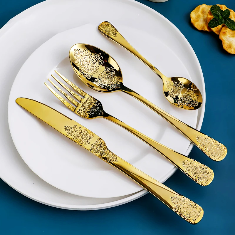 

Golden Cutlery Set,Stainless Steel Tableware set Luxury western Steak knife fork spoon set Dinnerware set Kitchen utensils Gift