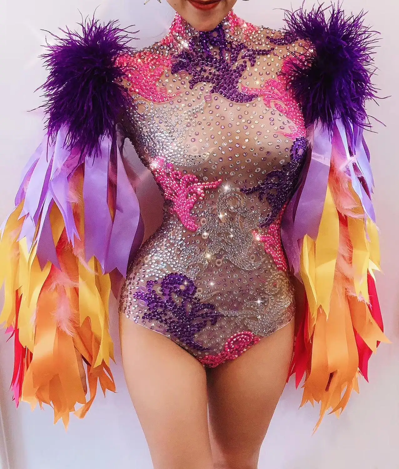 Christia Bella Multicolour Feathers Stage Costumes Women Nightclub Rhinestones Bodysuits Dancer Wear Performance Outfits