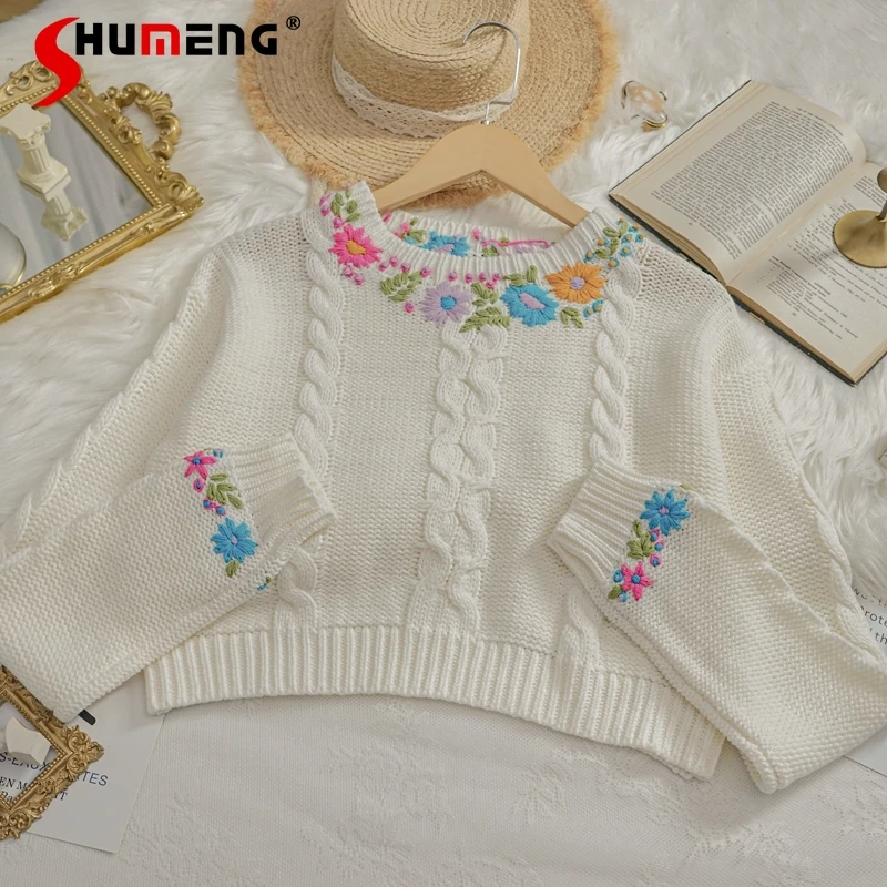 

2021 Fall New Ladies Fashion Crochet Embroidery Slim Fit Round Neck Knitted Top Women's Sweet Loose and Idle Pullover Sweater
