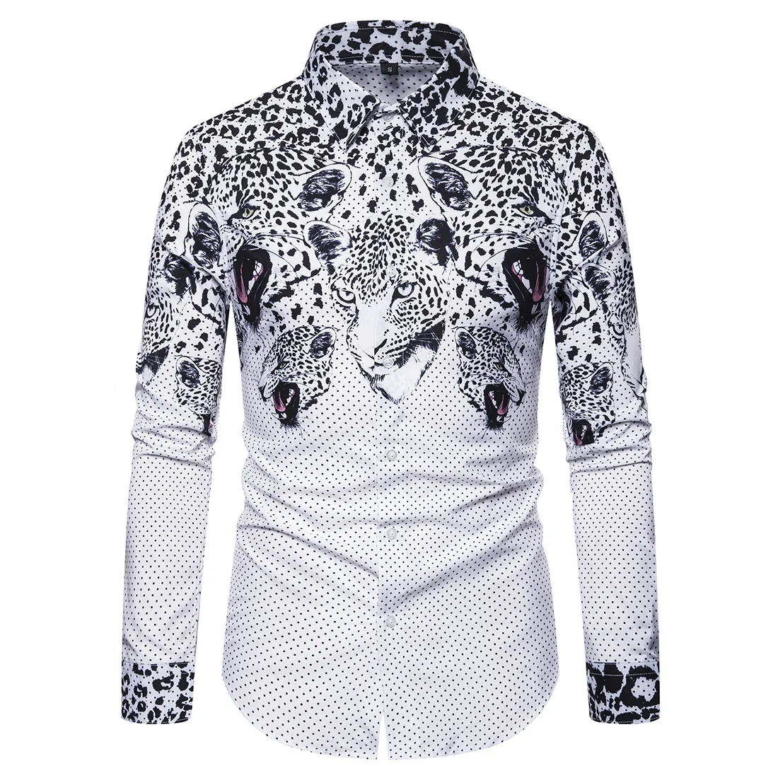 Мужская рубашка с леопардовым принтом модная черная в горошек длинным рукавом