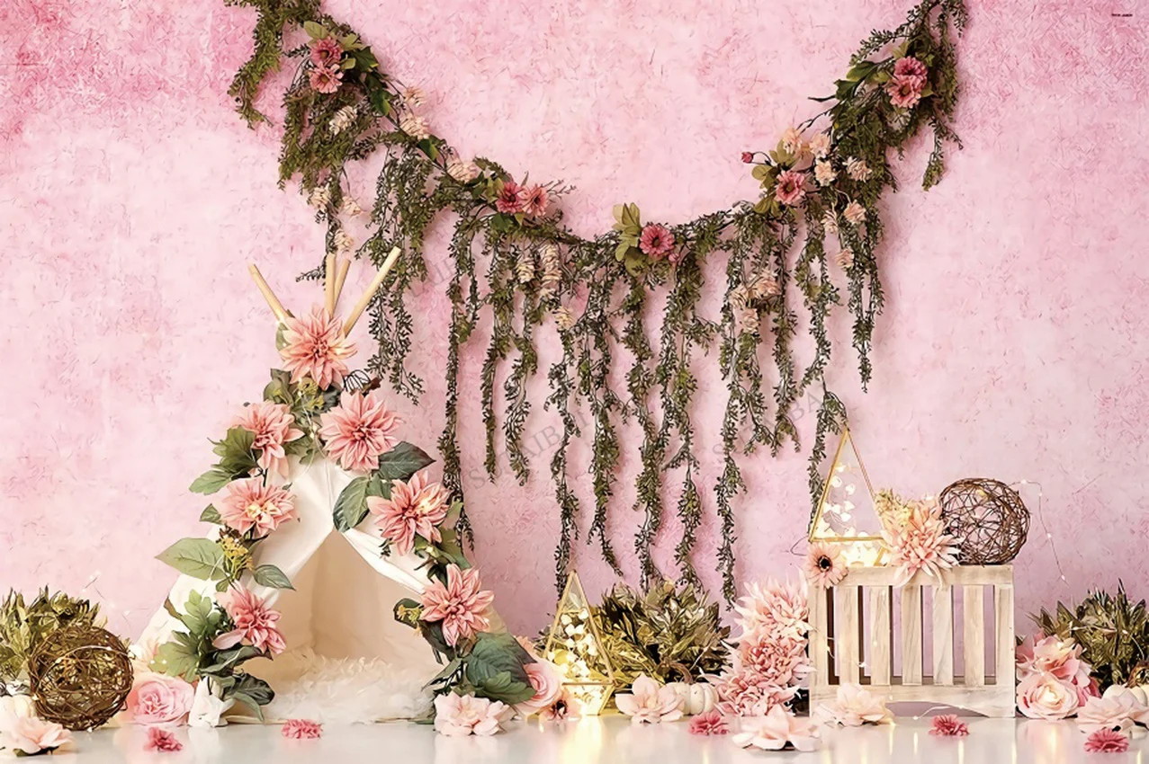 

Bird Cage Vase Pink Flower Backdrops Baby 1st Birthday Party Decor Photography Background Photo Studio Photocall Photophone