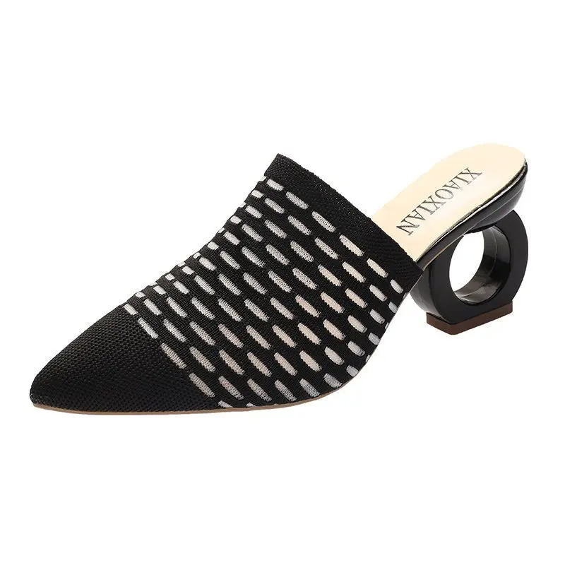 

20217cm Fretwork Heels Pointed Toe Slippers Women Shoes Stretch Fabric Air Mesh Mules Flip Flop Slip On Slides Plus Size