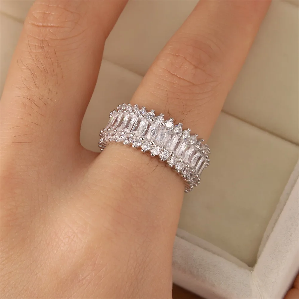 

Fashion Korean S925 Sterling Silver New Rectangle Ring Trend Full Zirconium Ring Couple Jewelry Engagement Romantic Gift