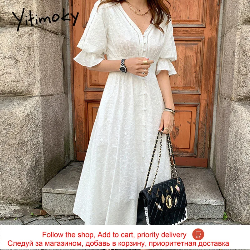 

Yitimoky Simple Woman Dress V-Neck Puff Sleeve Single Breasted Lace Hook flower 2021 Summer Fashion New Casual Solid Dresses