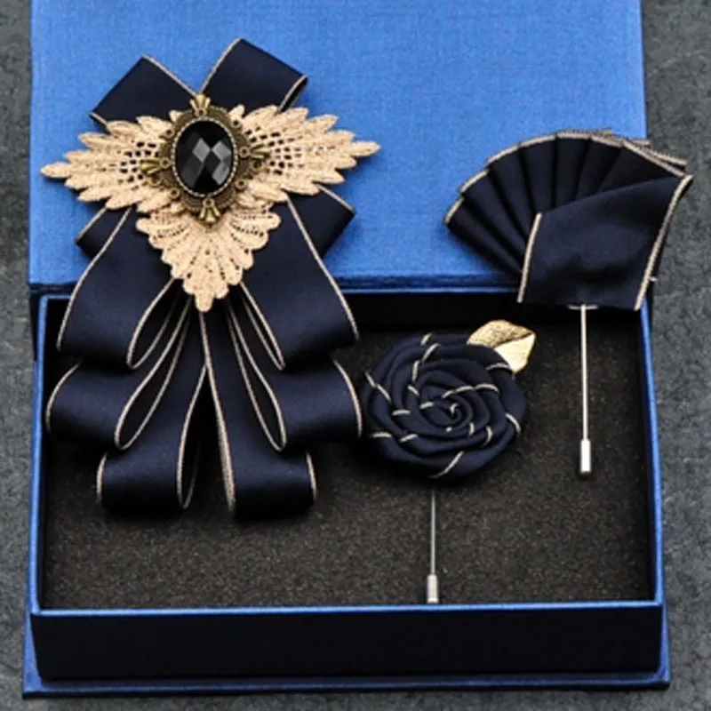 Navy blue set Новая модная повседневная многослойная бриллиантовая брошь с бабочкой, стразы, красная брошь для галстука-бабочки, набор для свадьбы, жениха, жениха, мужчин, карманный квадратный мужской - Цвет: Navy blue set