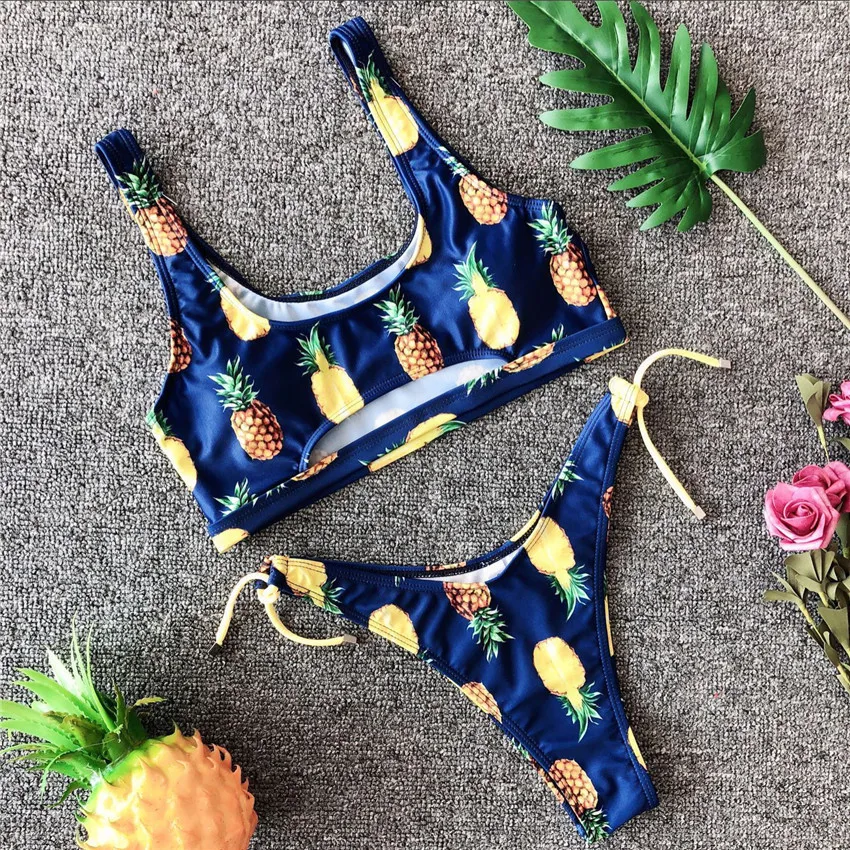 bikini set a Bkning, комплект бикини с ананасом, пуш-ап, купальник, на шнуровке, одежда для плавания, с высоким вырезом, купальник для женщин, сексуальный,, Plavky, блестящий купальник - Цвет: bikini set a