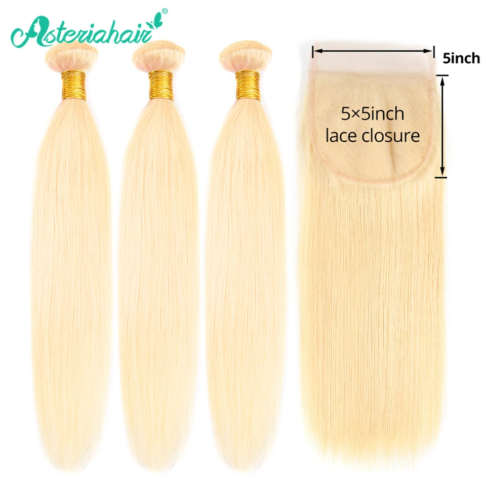 Asteria Hair 613 блонд пряди волос с 5*5 закрытием бразильские прямые волосы 3 remy для