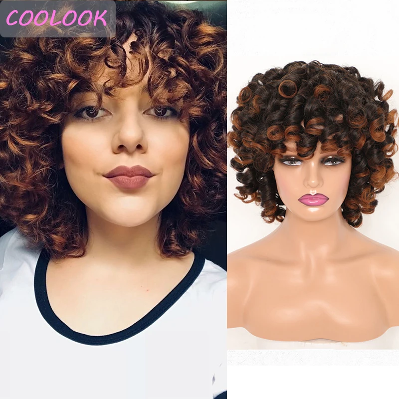 

Puff Afro Kinky Curly Wig with Bangs Brown Kinky Curly Wigs for Black Women Ombre Synthetic Afro Curls Orange Wig Peruca Cosplay