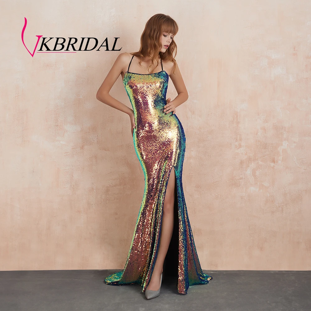 Женское вечернее платье VKBRIDAL длинное блестящее с лямкой на шее и открытой спиной
