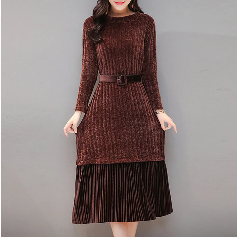 Зимнее бархатное вязаное плиссированное платье женское элегантное свитер