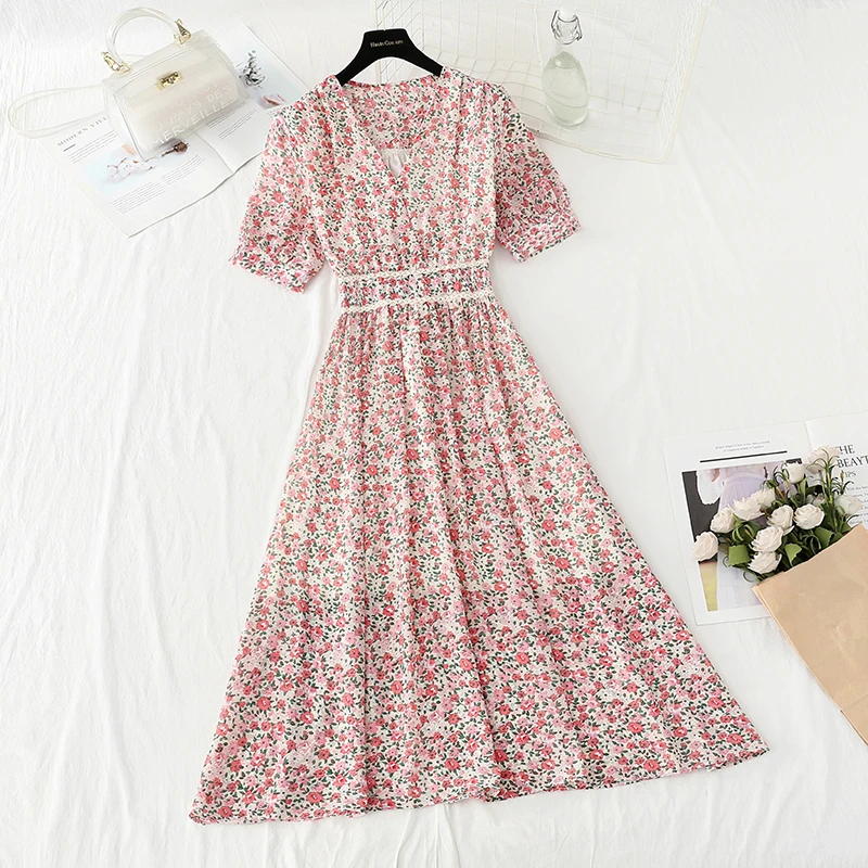 

Summer Women Dresses Beach Short Sleeve Chiffon Tunic Retro Office Party Long Dresses Sweet Floral Print Boho Dress Vestidos