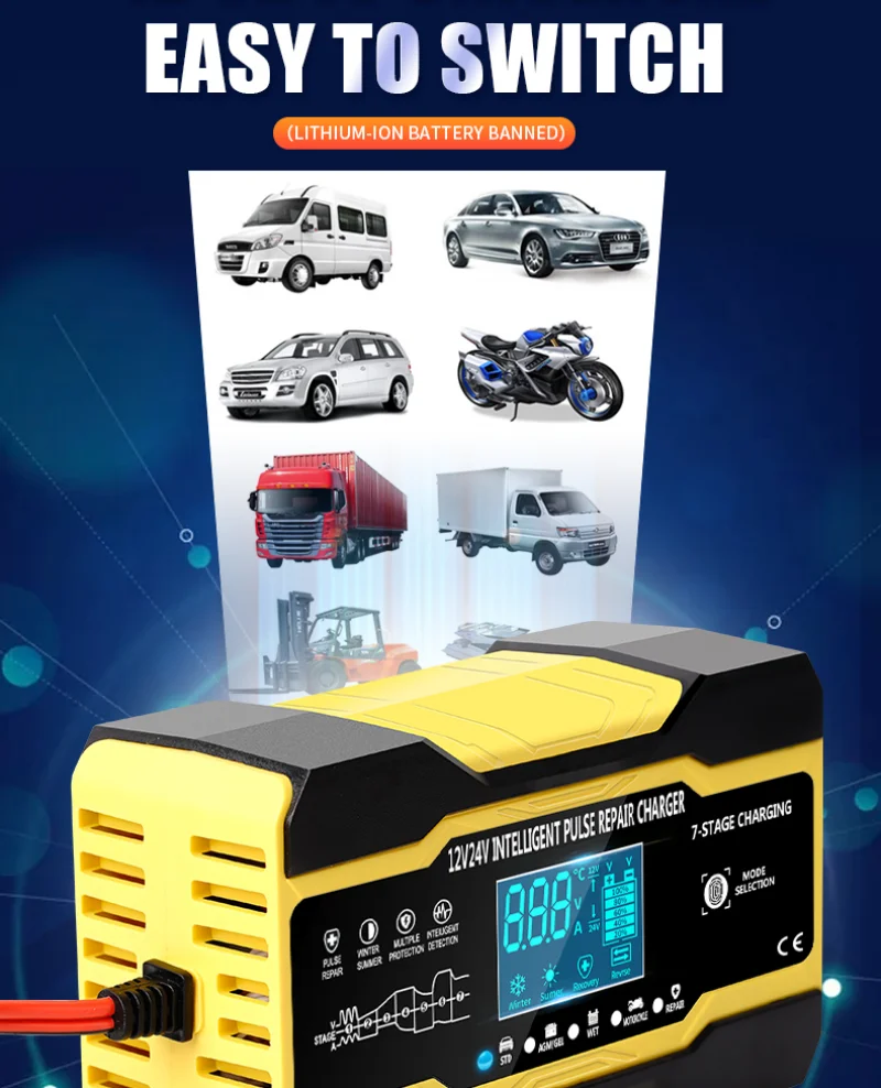 

12V 10A 24V 5A Car Auto Battery Charger Smart Fast Charging Accessories for AGM GEL WET Lead Acid Battery Charger LCD Display
