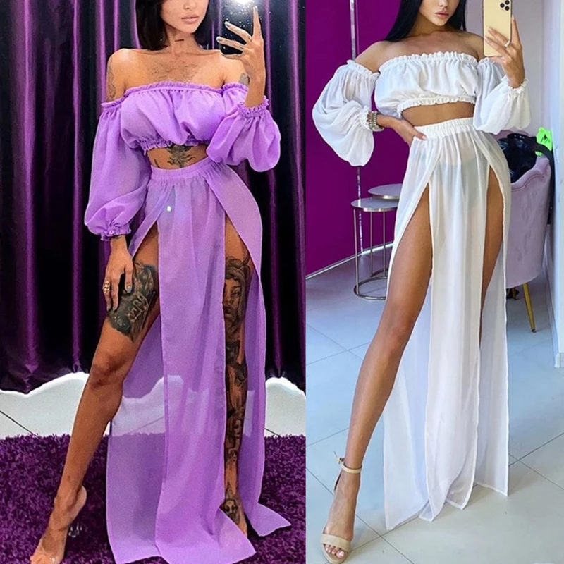 

F62E женский сексуальный купальник-бикини из 2 предметов, накидка, пляжный комплект одежды, прозрачная сетка с буфами, длинным рукавом, открыт...