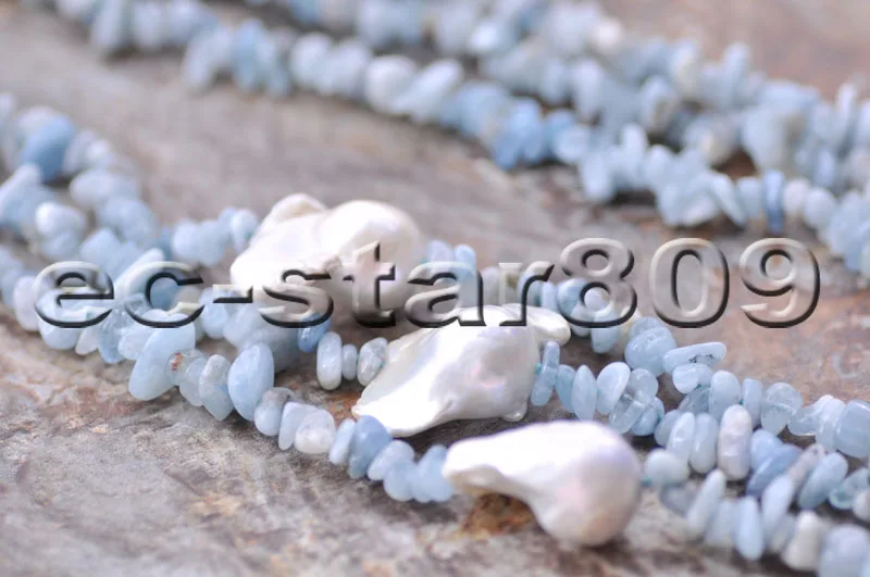 

P6660 3Row 21" White Keshi Baroque PEARL Aquamarine Detritus Necklace Choker