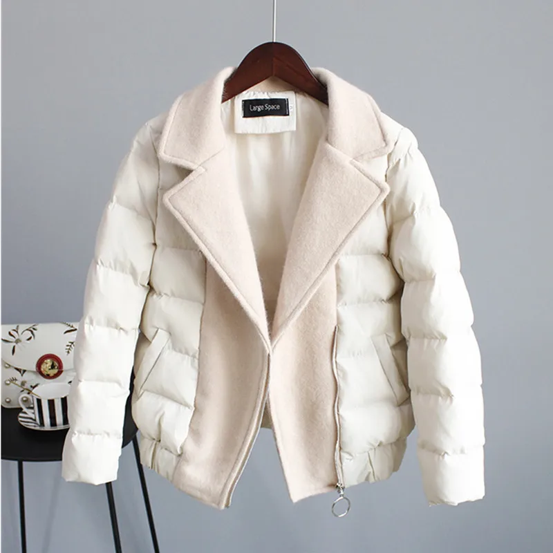

2022 Winter Coat Suit Collar Down Cotton Women's Short Padded Clothes Thick Warm Zipper Pocket Outerwear Female Woolen Stitching