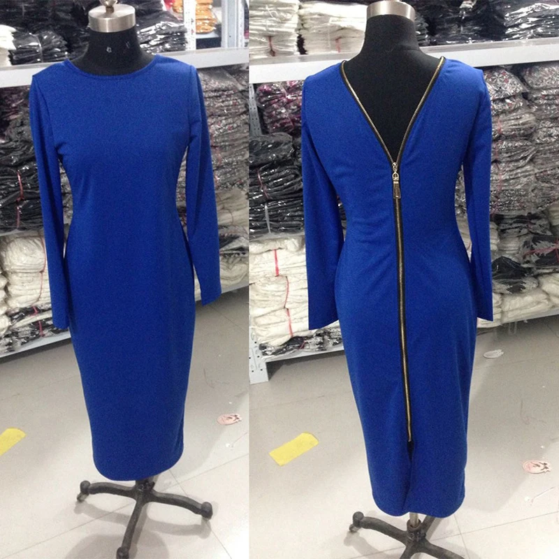

Women Sexy Club Low Cut Bodycon Dress Solid Color Round neck long sleeve Back zipper tight dress Fashion Pure Spring Clothes