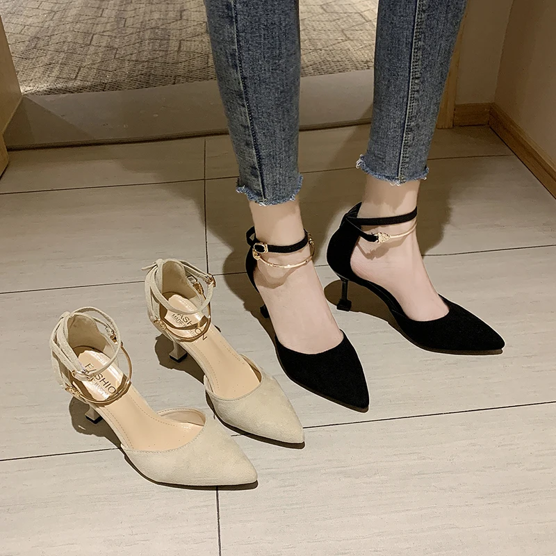 

New Pointed Toe High Heels Women Pumps Sexy Black 2021 Summer Fashion Buckles Strap Party Dress Lady Heel Shoes
