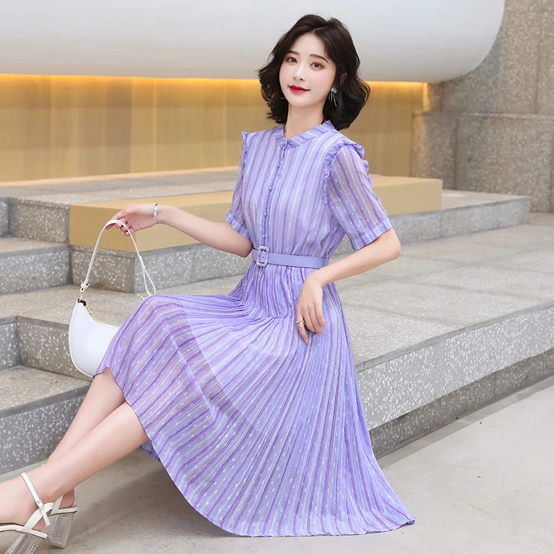 Femmes Midi Plissée Rayée Chemise Violette Robe D'été 2021 Piste Coréen Élégant Fée Décontracté Mer Plage Vacances Fête Vestidos