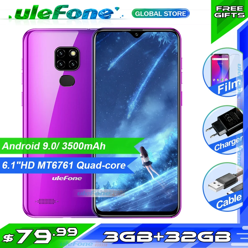 Смартфон Ulefone Note 7 P, Android 9,0, четырехъядерный, 3500 мА/ч, 6,1 дюймов, экран в виде капли воды, 3 Гб+ 32 ГБ, мобильный телефон, разблокировка лица