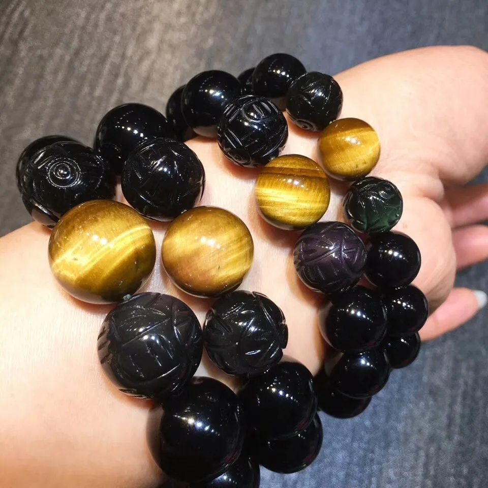 Браслеты из натурального черного радужного обсидиана двойные женские и мужские