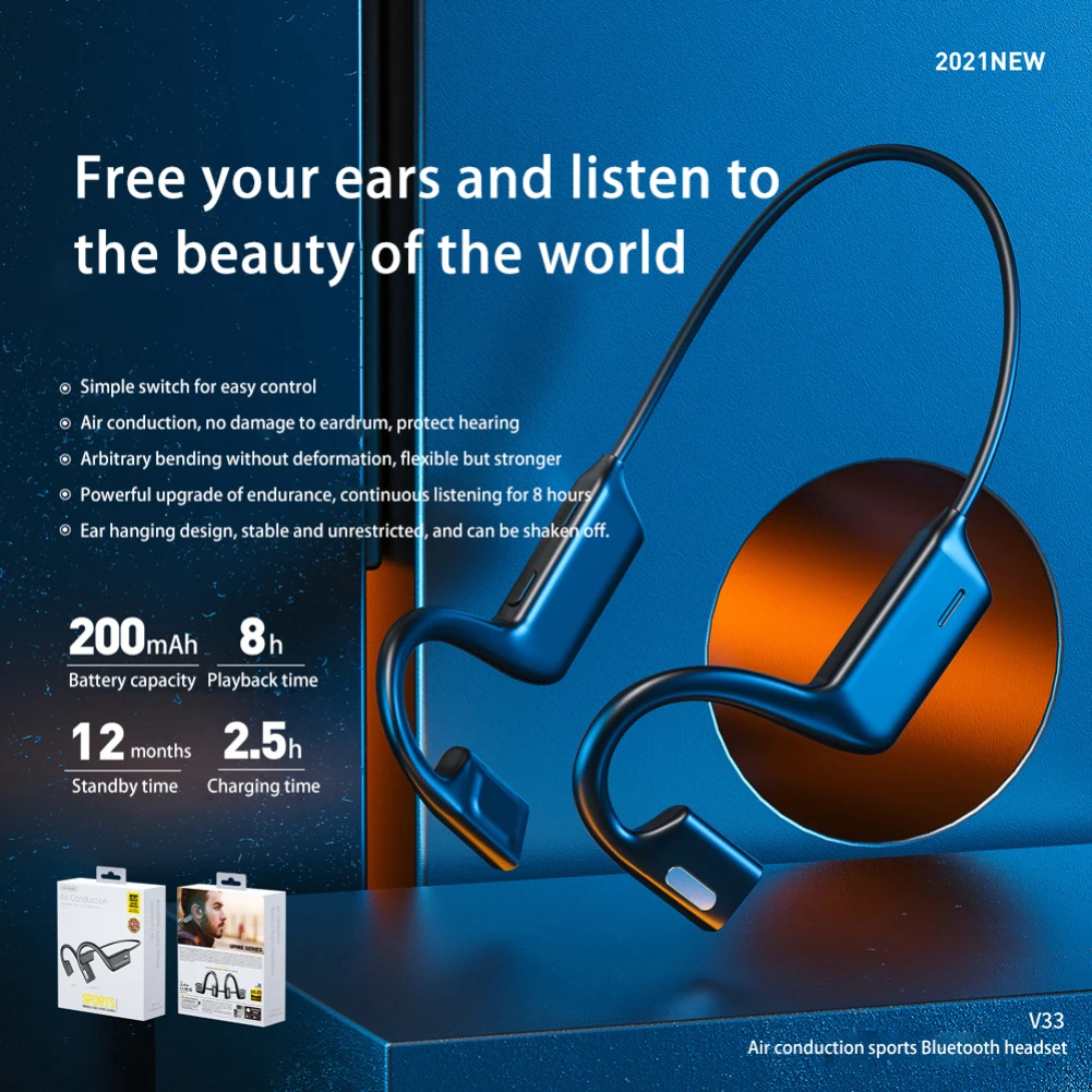 

Newest V33 Bone Conduction Wireless Headphones Bluetooth-compatible 5.0 Ear Hook Headset Air conduction Ear-hook Design With Mic