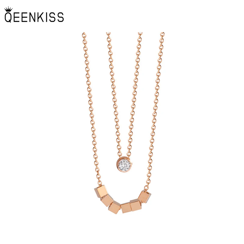 

QEENKISS NC7149 Fine Jewelry Wholesale Fashion Woman Birthday Wedding Gift Double-layer Square Zircon 18KT Gold Pendant Necklace