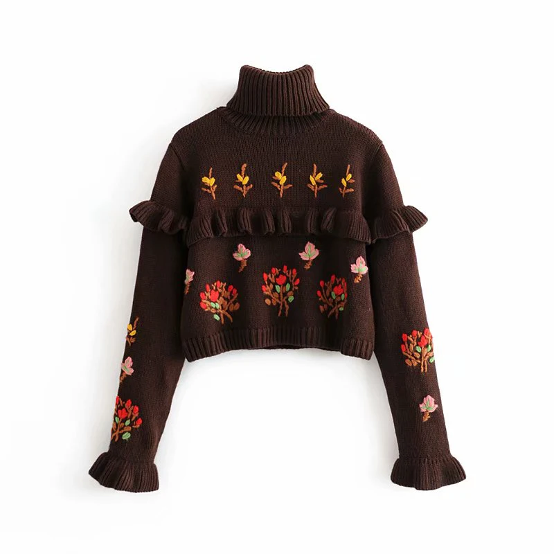 ZA 2019 Womens vintage turtleneck Sweater long sleeve Embroidered ruffles knit Pullovers Female stylish Jumper winter Tops | Женская