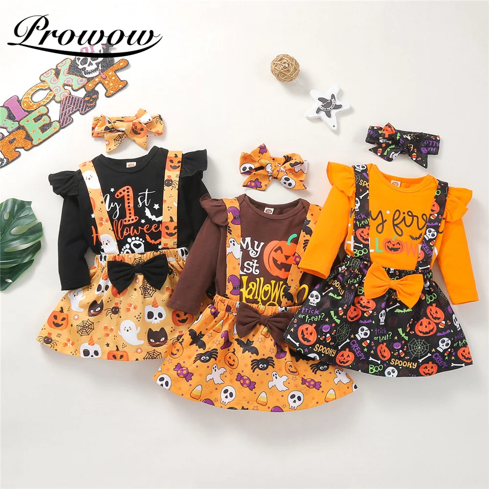 

Prowow My First Halloween Baby Girl Clothes Set Newborn Pumpkin Bobysuit+Skulls Dress Halloween Costume For Kids Girls Clothing