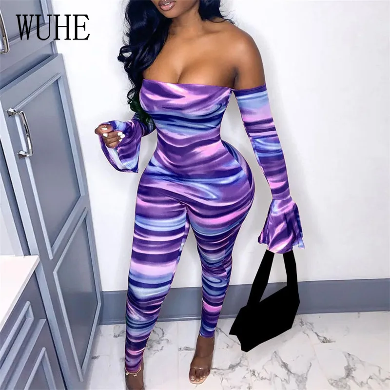 

YEYA Print Hollow Out Jumpsuits Long Flared Sleeve Breast Wrap Off Shoulder Sexy Bag Hip Skinny Streetwear Casual Overalls