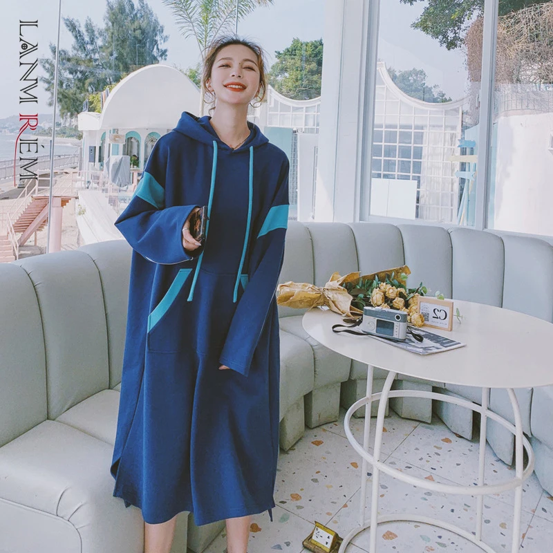 

LANMREM 2022 весна осень Новое цветное контрастное платье с капюшоном женское свободное платье пуловер с длинным рукавом Женская мода 2W867