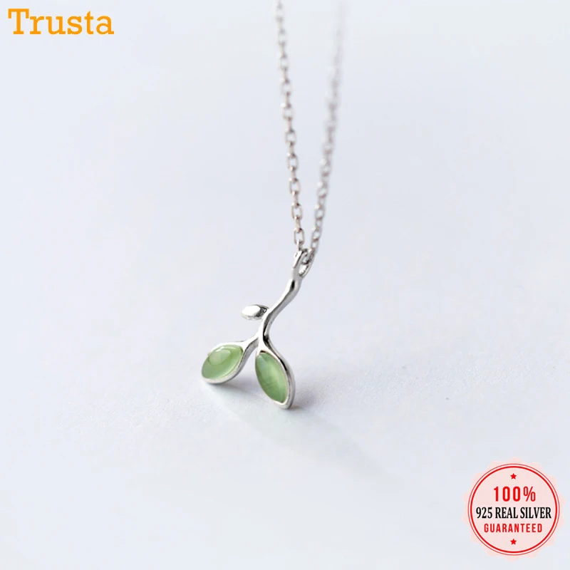 Женское колье из серебра 100% пробы с подвеской в виде зеленых листьев и