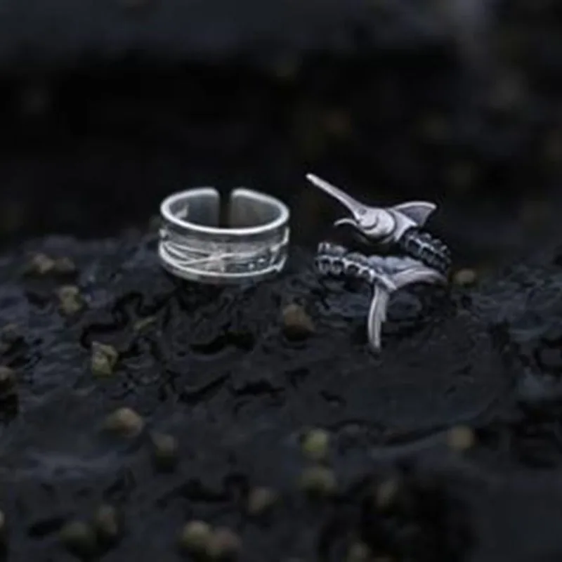 Кольцо серебряное с рыбками марлина широкое двойное открытое ювелирное изделие