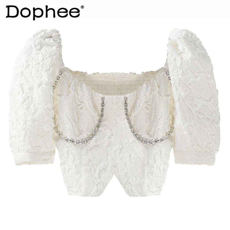 

White French Style Short Shirt for Women 2021 Summer New Elegant Top Puff Sleeve Bubble Blouse Square Collar Slim Fit Blusas
