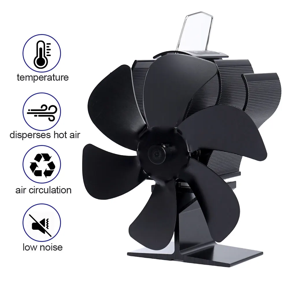 Black Fireplace Fan With 6 Blades Heat-powered Stove Fan No Battery or Electricity Required Log Wood Burner Eco Quiet Fan