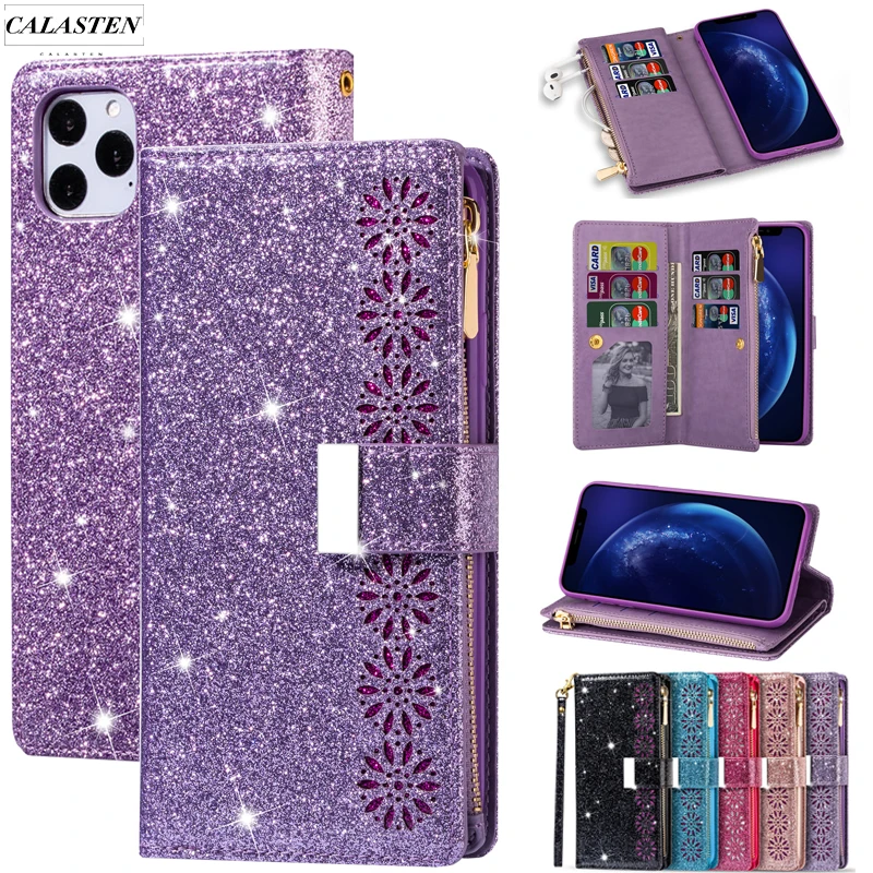 Glitter Case For iPhone 13 12 mini 11 Pro Max XR X XS SE 2020 Bling Leather Wallet Cards Stand Flip Bags For 6 6s 7 8 Plus Cover