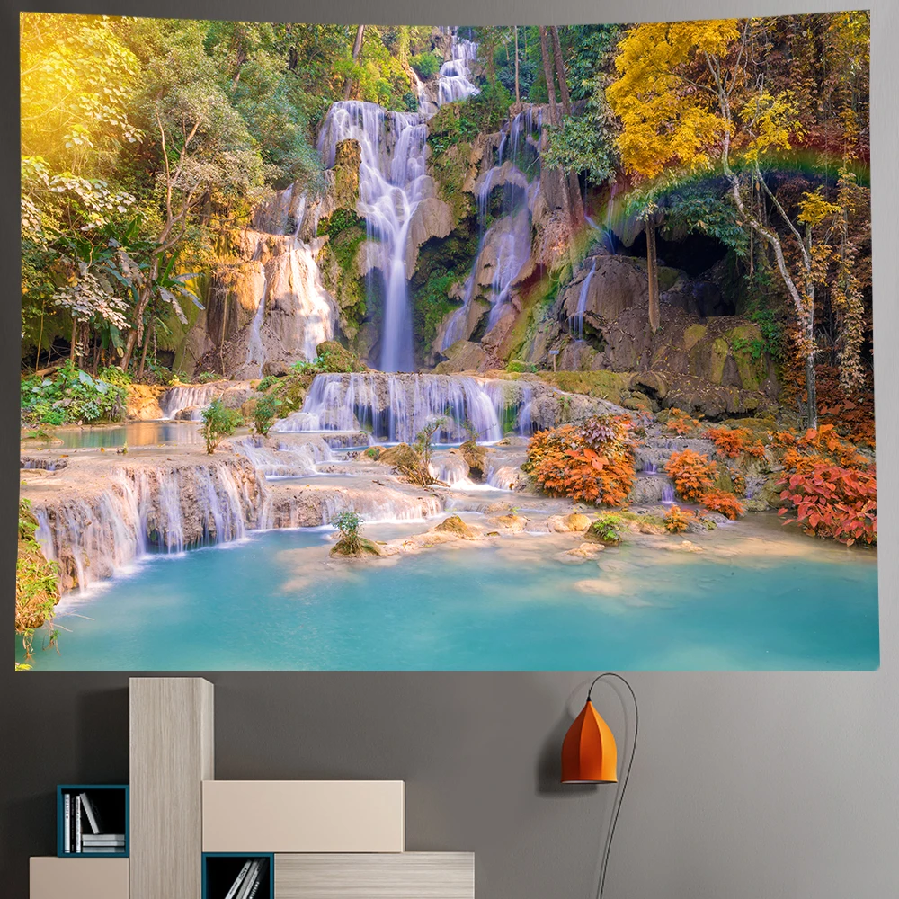 

Secluded Forest Waterfall Home Art Tapestry Bohemian Decorative Tapestry Hippie Yoga Mat Sheets Large Size Sofa Blanket