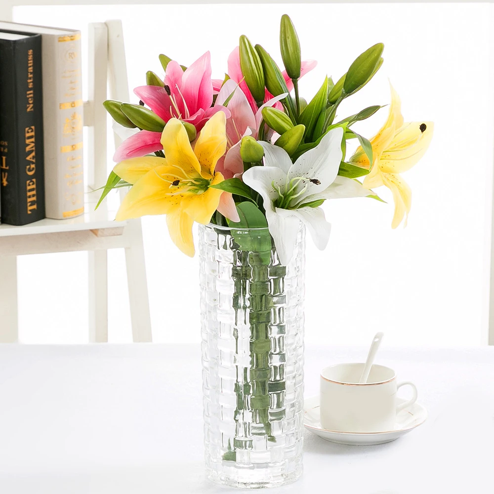 3 головы искусственная лилия пленка ручка домашний декоративный искусственный