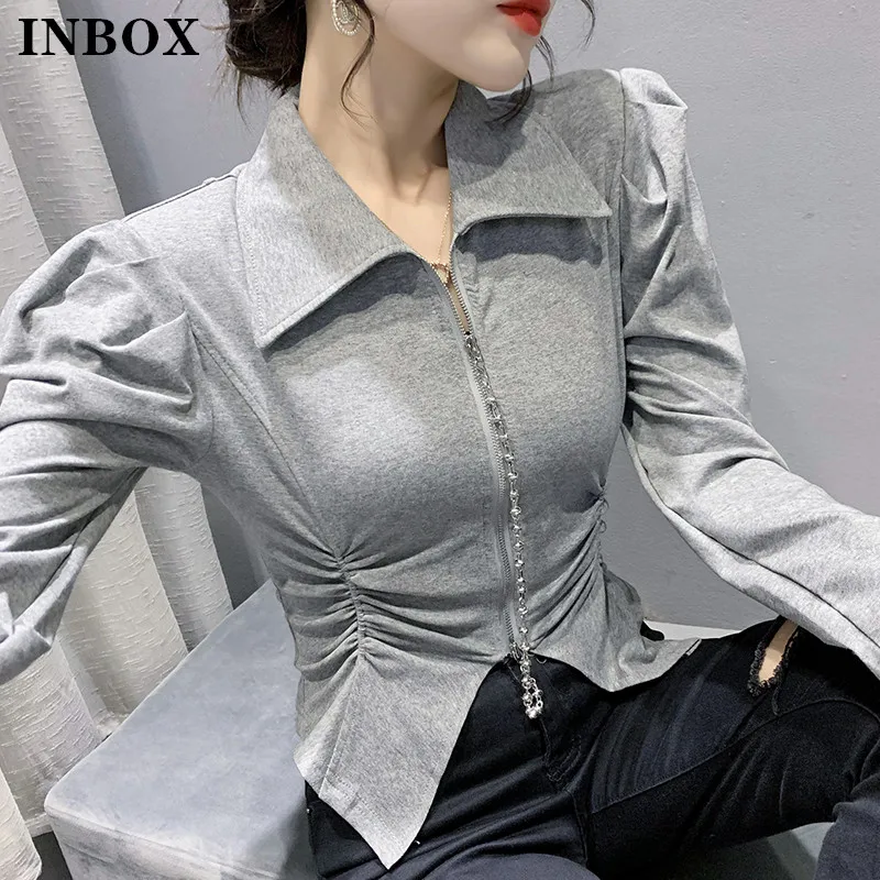 

INBOX Korean Style Turndown Collar Shirt Women Chic Zip Fashion T-shirt Female Long Sleeve Black Bottoming Tops Woman