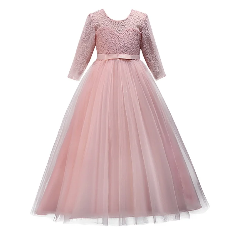 pink Модное Новое Детское платье для девочек, 3/4 рукав, высокая талия, зеленое кружевное Тюлевое платье с v-образным вырезом на спине элегантное праздничное платье принцессы для девочек на день рождения - Цвет: pink