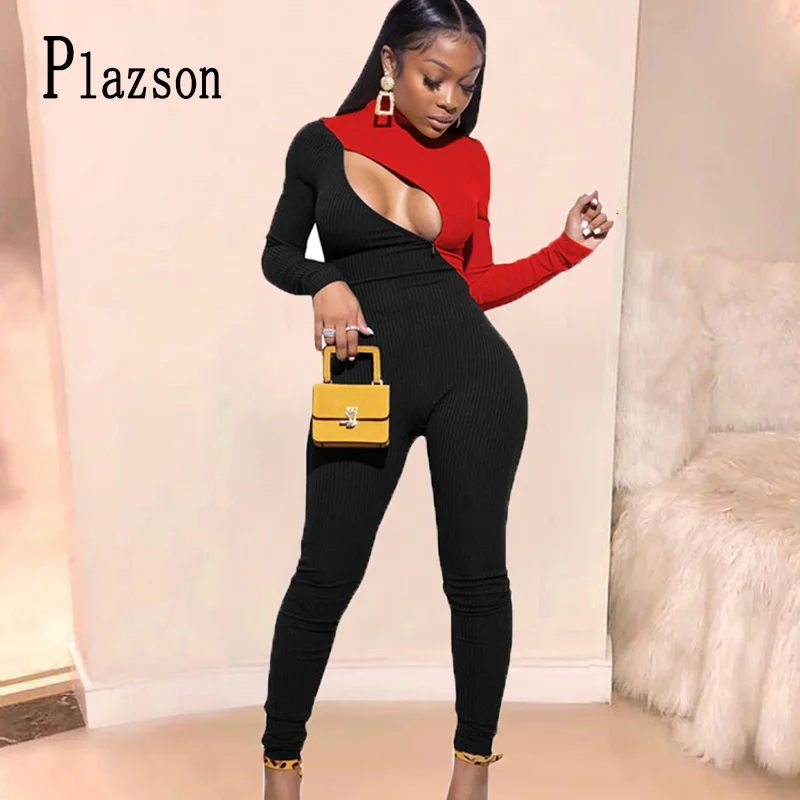 

Plazson 2021 Autumn Winter monos mujer Women Zipper Multicolor Knitted Skinny Jumpsuit Matching High Collar Ladies Jumpsuits
