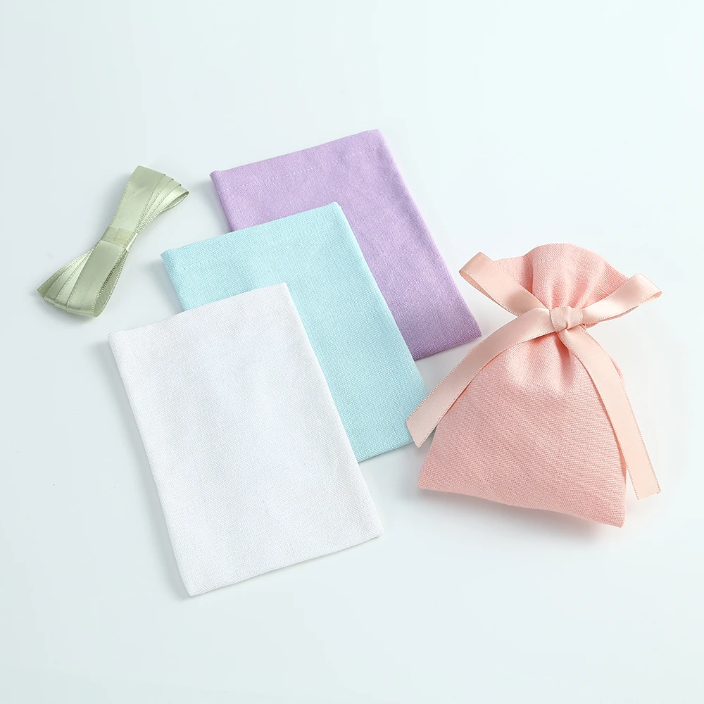 50pcs Multicolor Cotton Burlap Bucket Jewelry Bag with Ribbon Small Pouches for Wedding Christmas Candy Bag Custom Logo Mariage