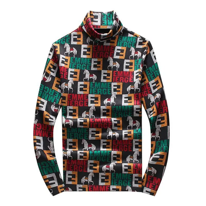 

2020 men's winter double faced velvet bottomed shirt men's printed high collar long sleeve T-shirt with velvet thickening