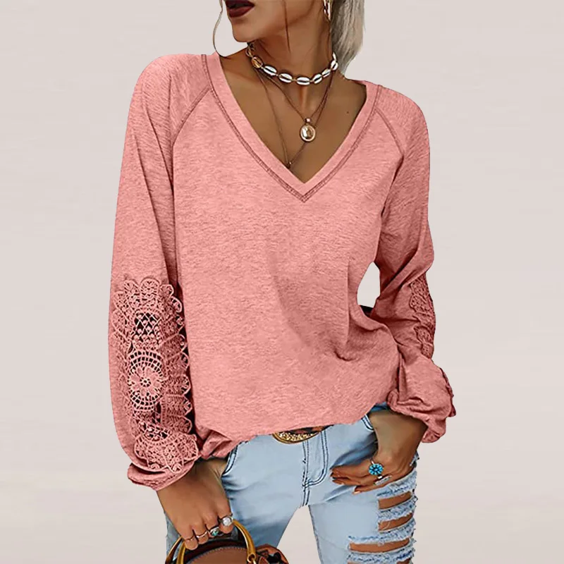 

Женская модная повседневная осенне-зимняя новая футболка с длинным кружевным рукавом в стиле пэчворк Элегантный пуловер Топ 2022 однотонная ...