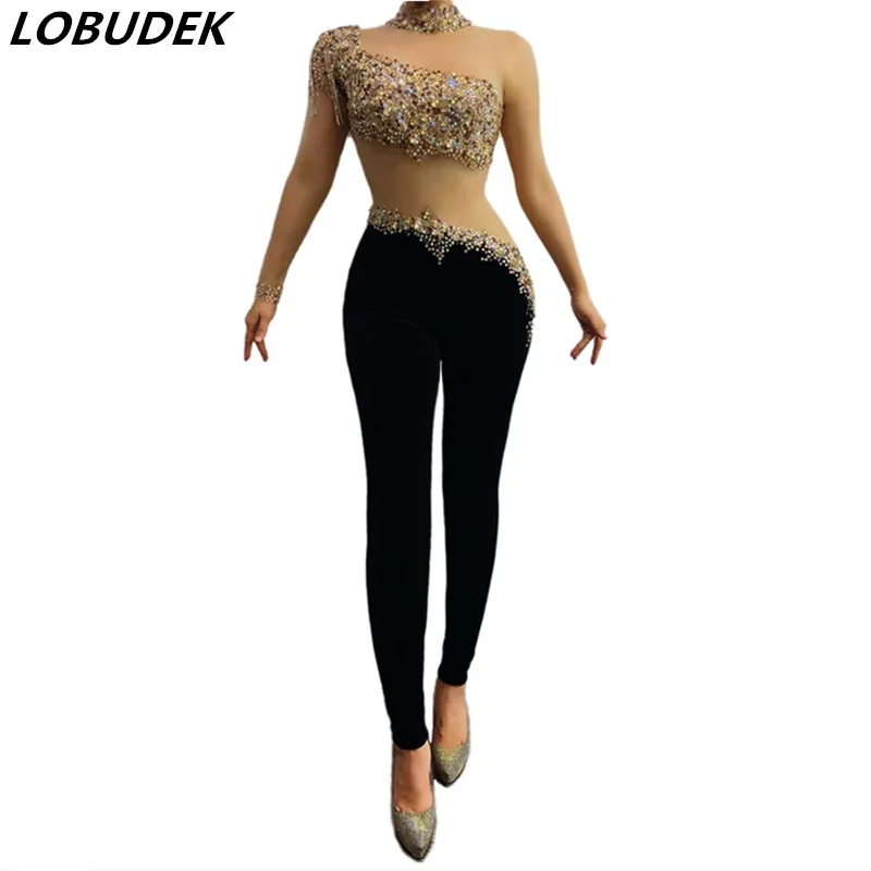 

Nightclub Women Costume Gold Rhinestones Mesh Single Sleeve Jumpsuit Black Crystals Stones Velvet Rompers Singer Dancer Clothes