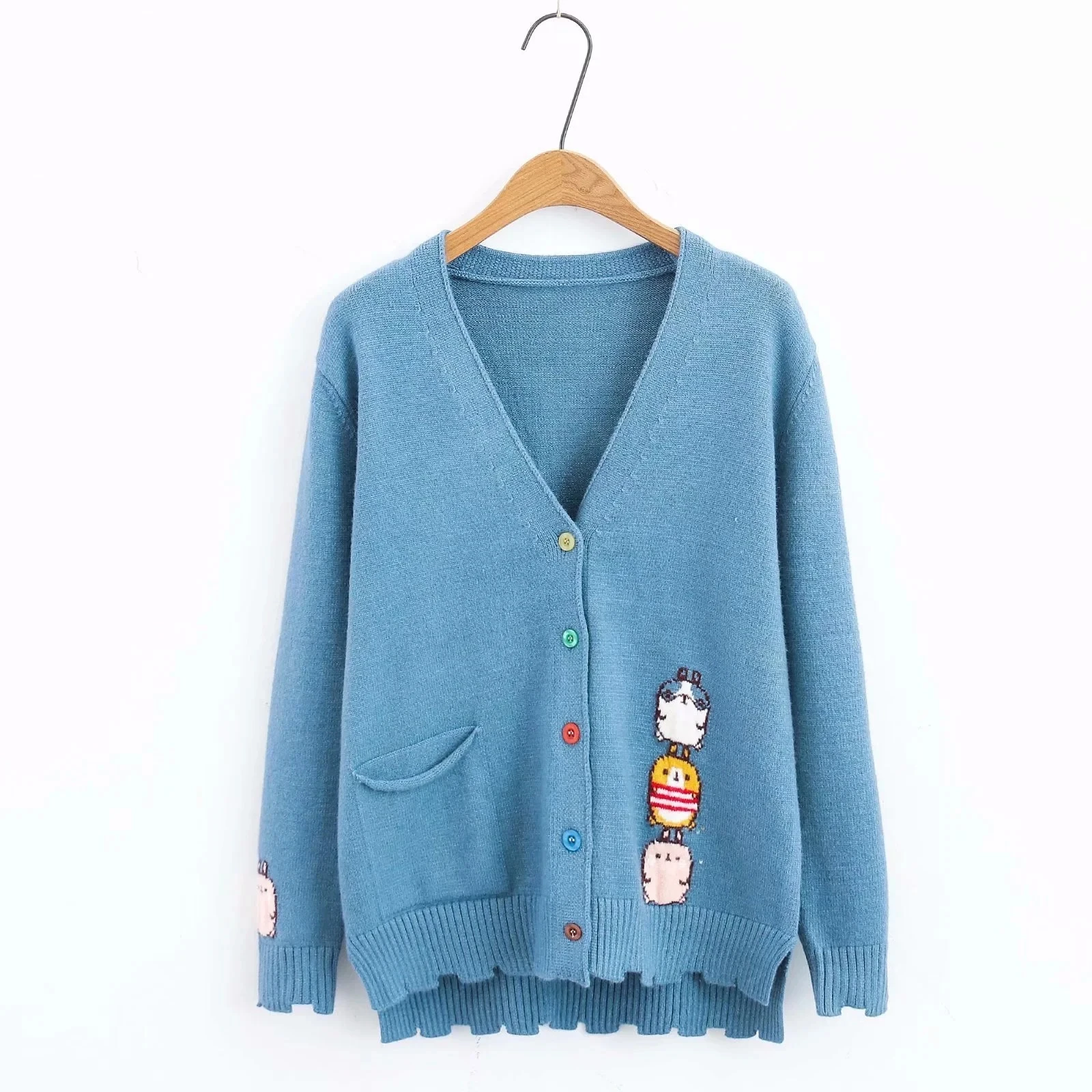 Женский жаккардовый кардиган с птицами трикотажный однобортный жакет V образным